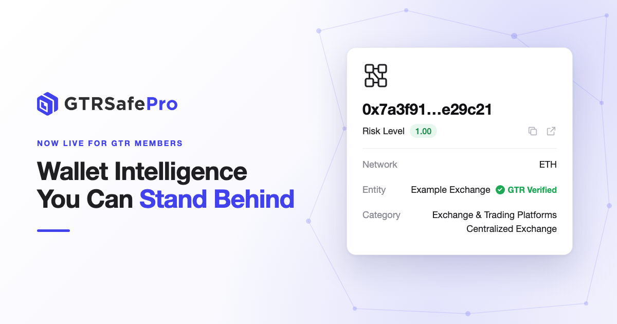 GTRSafePro wallet screening result with a GTR Verified entity